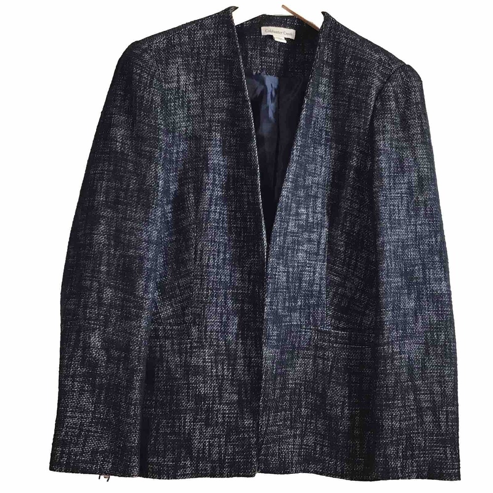 Coldwater Creek Linen Blend Jacket Size 14 Navy Tweed Cotton Open Front Blazer